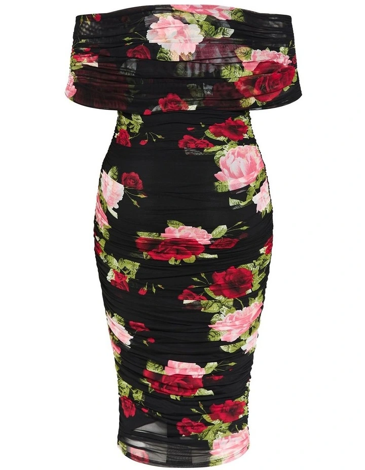 Plus Size Dana Mesh Rose Print Dress in black image 4