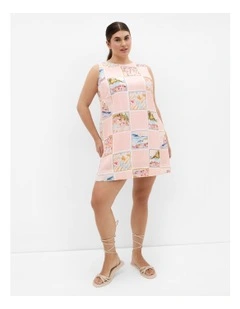 Plus Size Aimee Postcard Print Mini Dress in peach pink