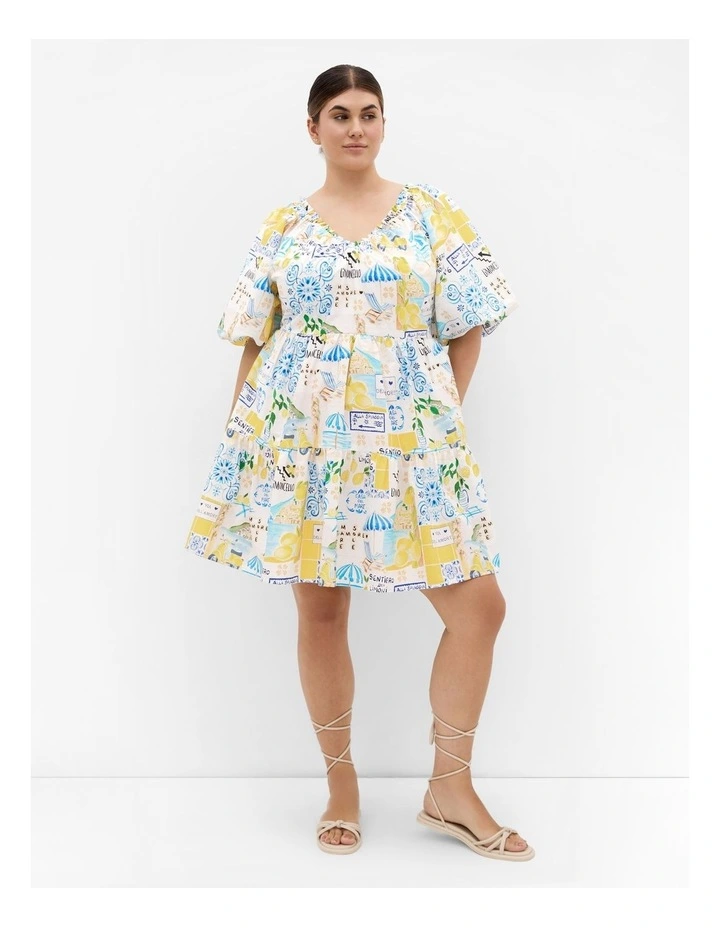 Plus Size Fantasy Amalfi Print Puff Sleeve Mini Dress in white image 1