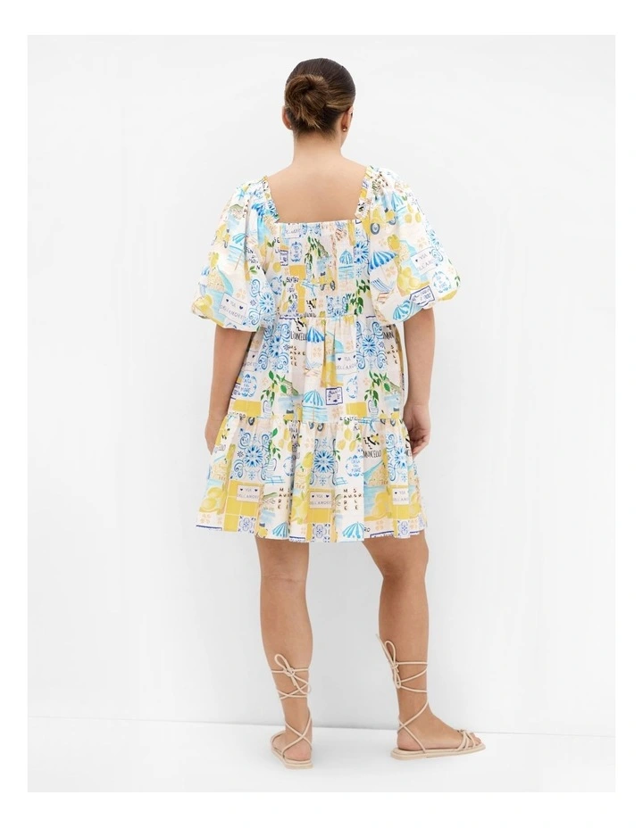 Plus Size Fantasy Amalfi Print Puff Sleeve Mini Dress in white image 2