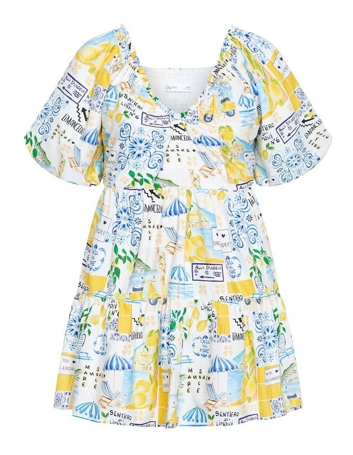 Plus Size Fantasy Amalfi Print Puff Sleeve Mini Dress in white image 3