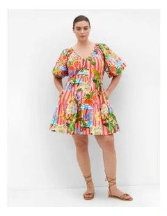 Plus Size Fantasy Holiday Print Puff Sleeve Mini Dress in pink