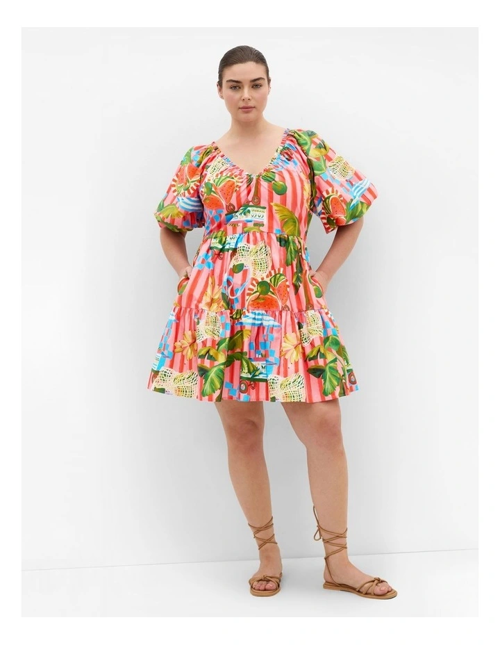 Plus Size Fantasy Holiday Print Puff Sleeve Mini Dress in pink image 1