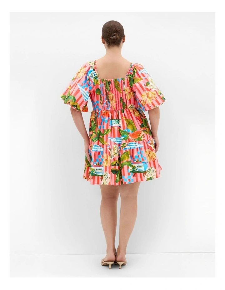 Plus Size Fantasy Holiday Print Puff Sleeve Mini Dress in pink image 2