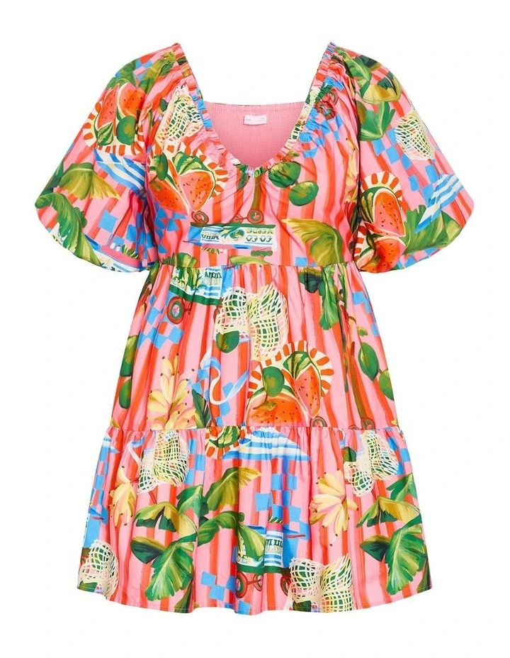 Plus Size Fantasy Holiday Print Puff Sleeve Mini Dress in pink image 3
