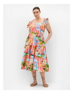 Holiday Print Midi Dress in pink