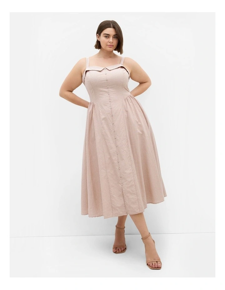 Tessa Gingham Midi Dress in Taupe image 1