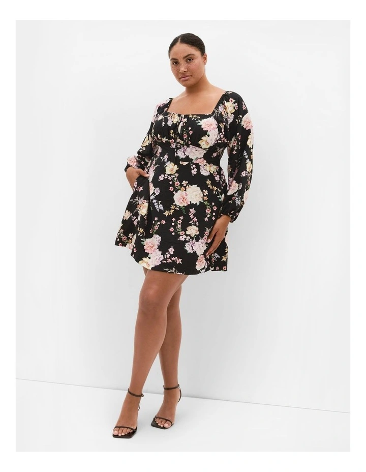 Abbie Long Sleeve Print Mini Dress in Black image 1