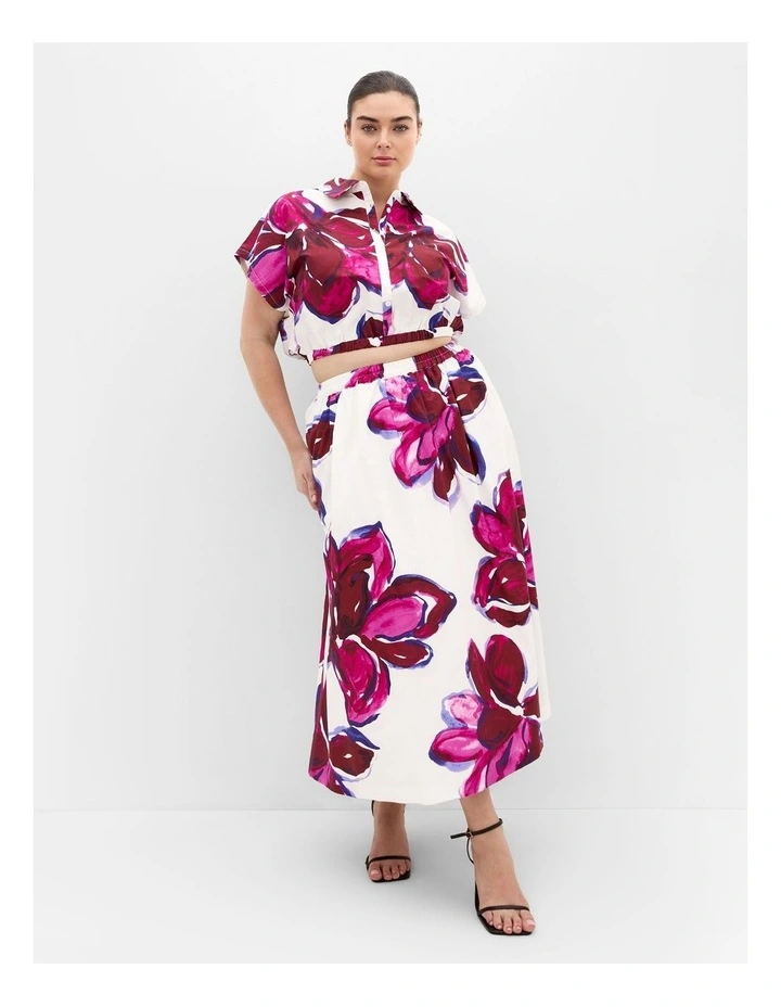 Holiday Bloom Print Midi Skirt in White image 1