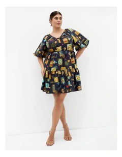 Fantasy Dolce Print Puff Sleeve Mini Dress in Navy