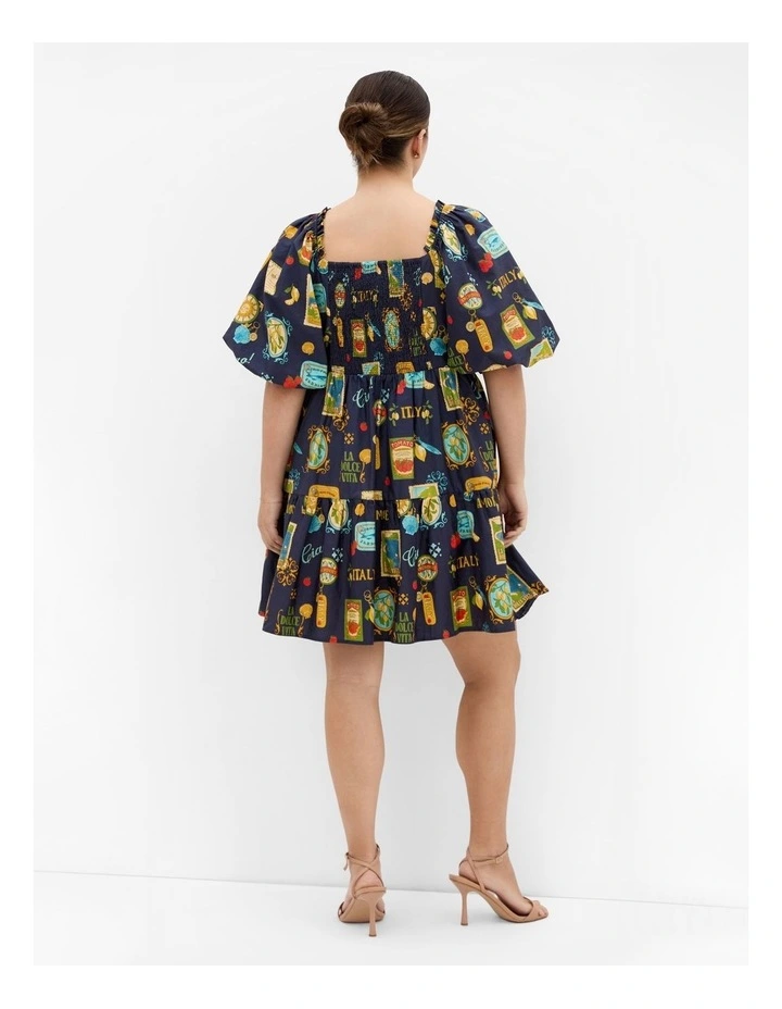 Fantasy Dolce Print Puff Sleeve Mini Dress in Navy image 2
