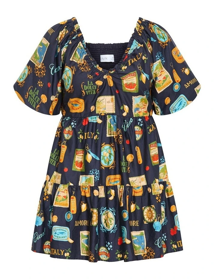 Fantasy Dolce Print Puff Sleeve Mini Dress in Navy image 3