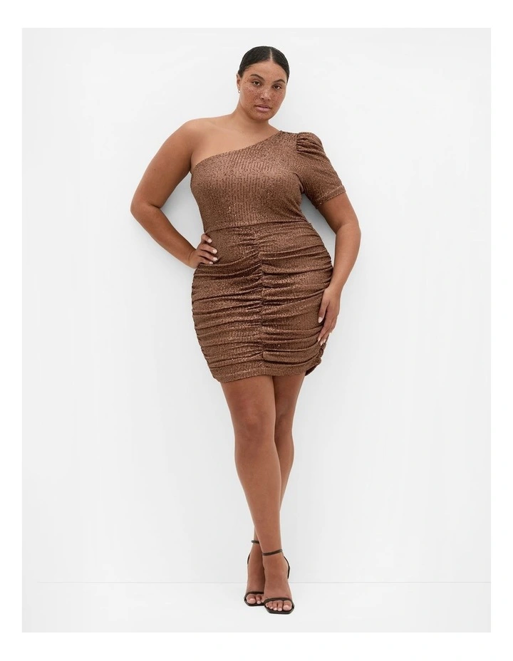 Plus Size Angelina Asymmetrical Neck Ruched Dress in Brown image 1