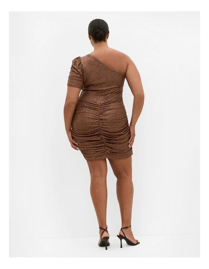 Plus Size Angelina Asymmetrical Neck Ruched Dress in Brown image 2
