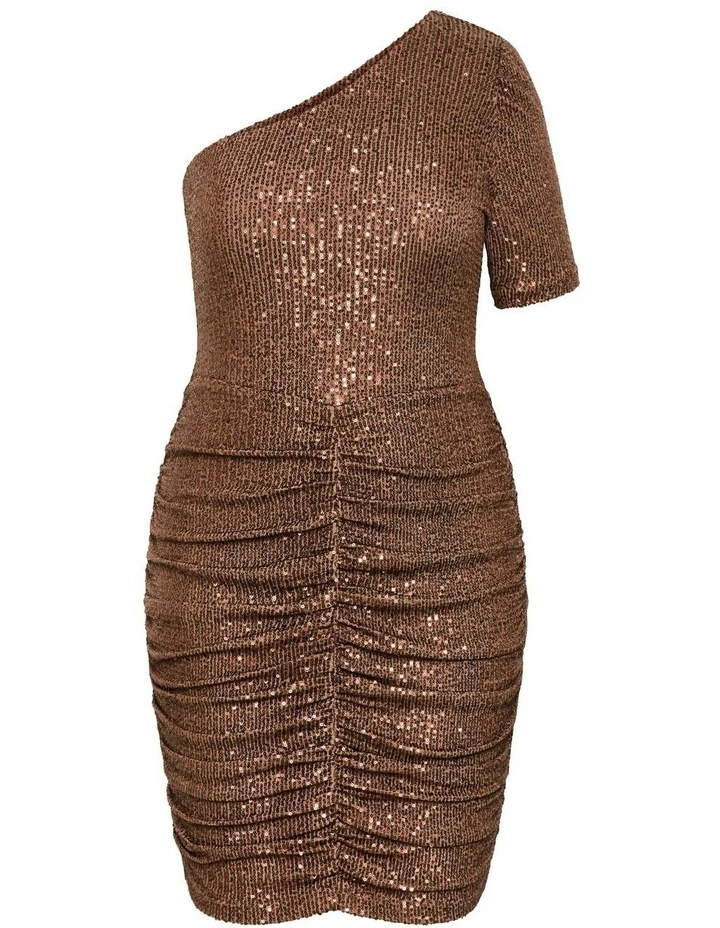 Plus Size Angelina Asymmetrical Neck Ruched Dress in Brown image 5