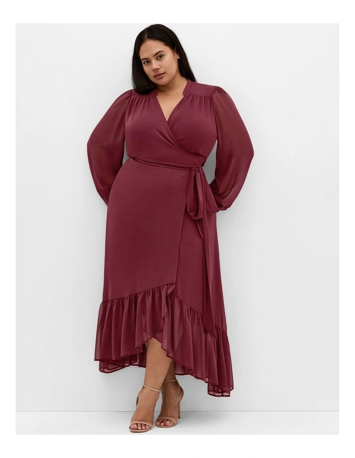 Plus Size Rylie Wrap Midi Dress in Burgundy image 1