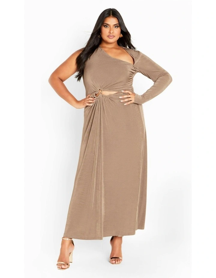 Plus Size Paola One Sleeve Hardware Maxi Dress in Mocha image 3