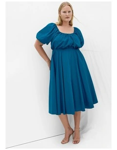 Plus Size Rosabella Puff Sleeve Midi Dress in Poseidon