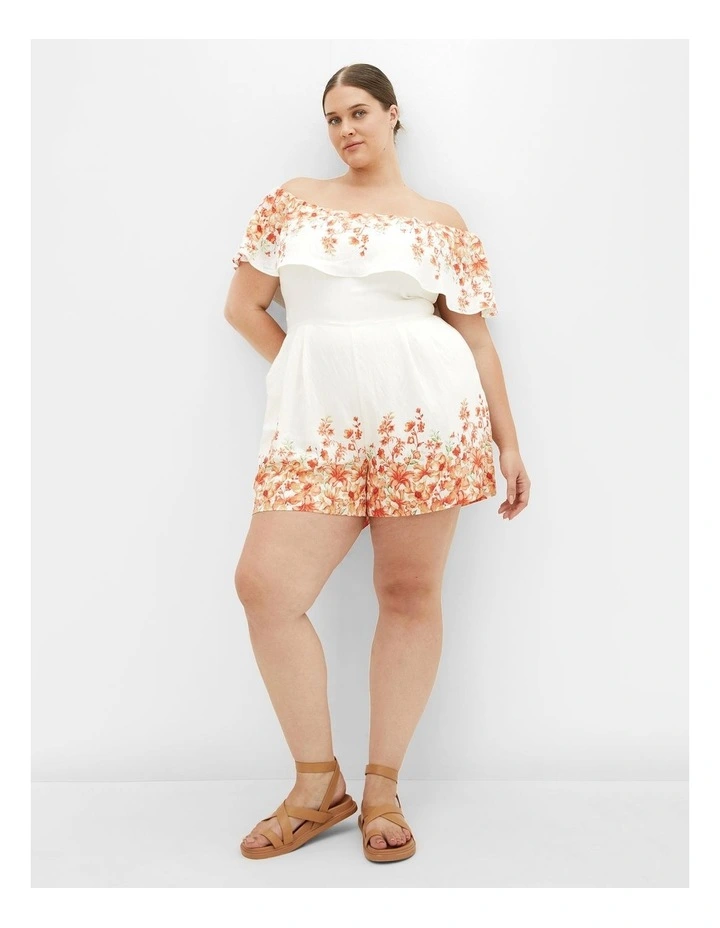 Plus Size Poppy Print Off Shoulder Playsuit in White image 1
