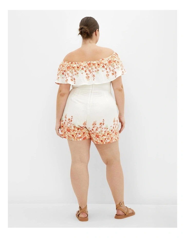 Plus Size Poppy Print Off Shoulder Playsuit in White image 2