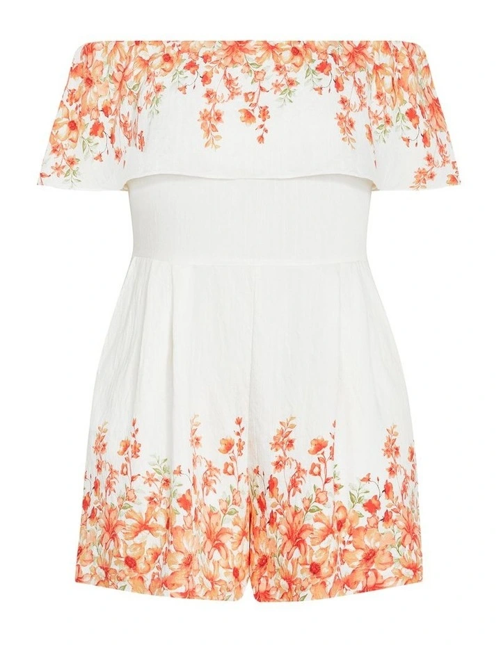 Plus Size Poppy Print Off Shoulder Playsuit in White image 3