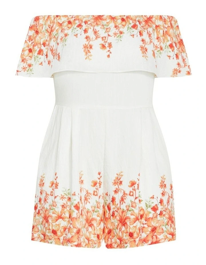 Plus Size Poppy Print Off Shoulder Playsuit in White image 5