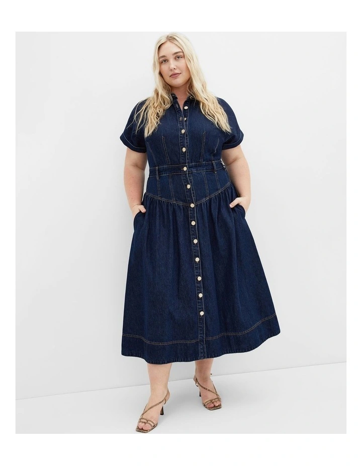 Plus Size Ari Denim Midi Dress in Dark Wash image 1