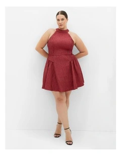 Plus Size Halter Jacquard Mini Dress in Ruby