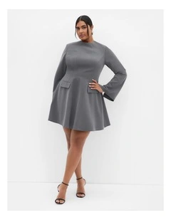 Plus Size Dynamic Long Sleeve Skater Dress in Charcoal