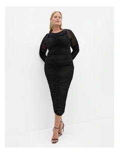 Plus Size Halo Long Sleeve Midi Dress in Black