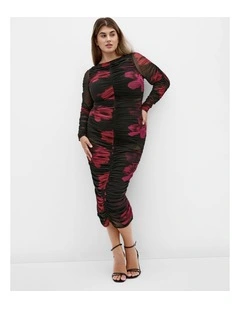 Plus Size Halo Long Sleeve Midi Dress in Black