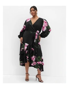 Plus Size Bea Long Sleeve Print Wrap Dress in Black