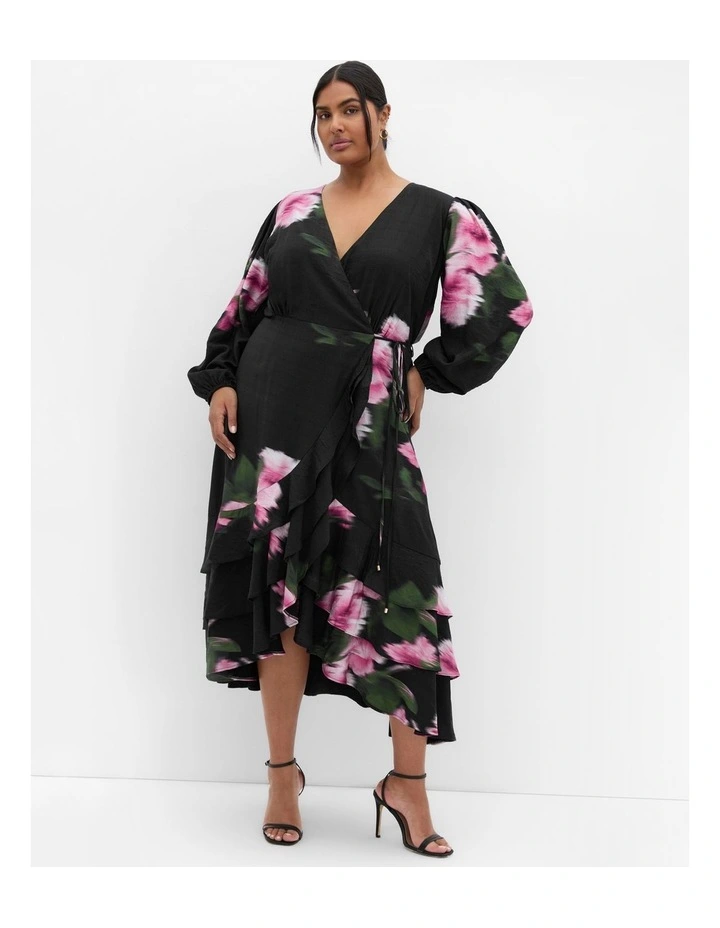 Plus Size Bea Long Sleeve Print Wrap Dress in Black image 1