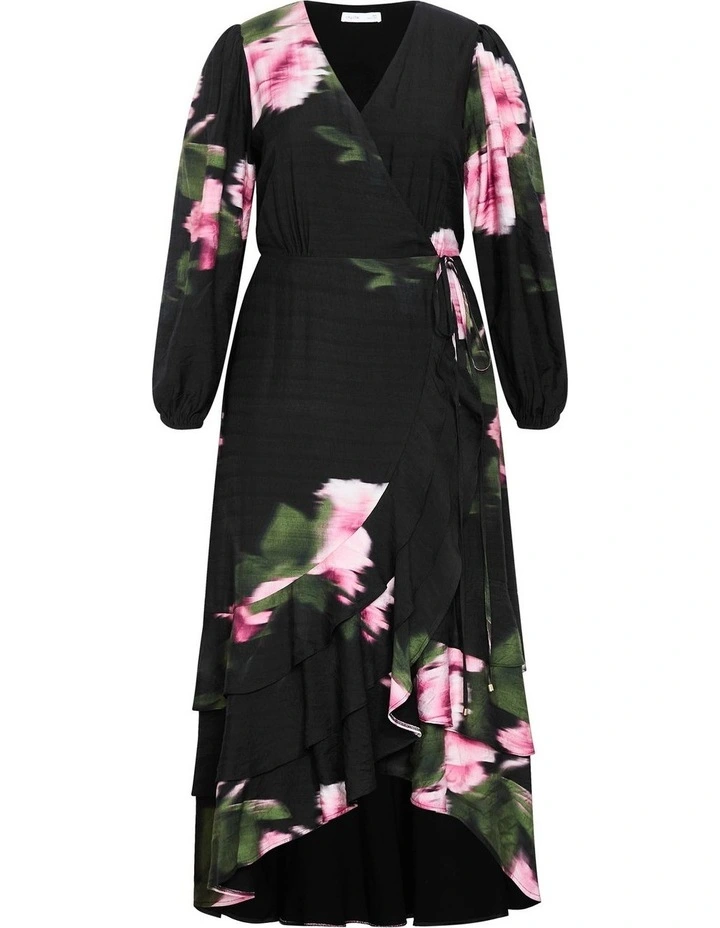 Plus Size Bea Long Sleeve Print Wrap Dress in Black image 3