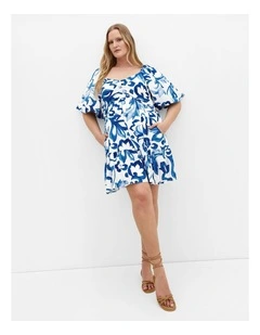 Plus Size Mindy Print Babydoll Mini Dress in Blue
