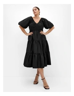 Plus Size Fantasy Puff Sleeve Midi Dress in Black