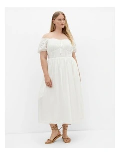 Plus Size Ariella Crochet Trim Midi Dress in Ivory