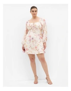 Plus Size Abbie Long Sleeve Print Mini Dress in Ivory