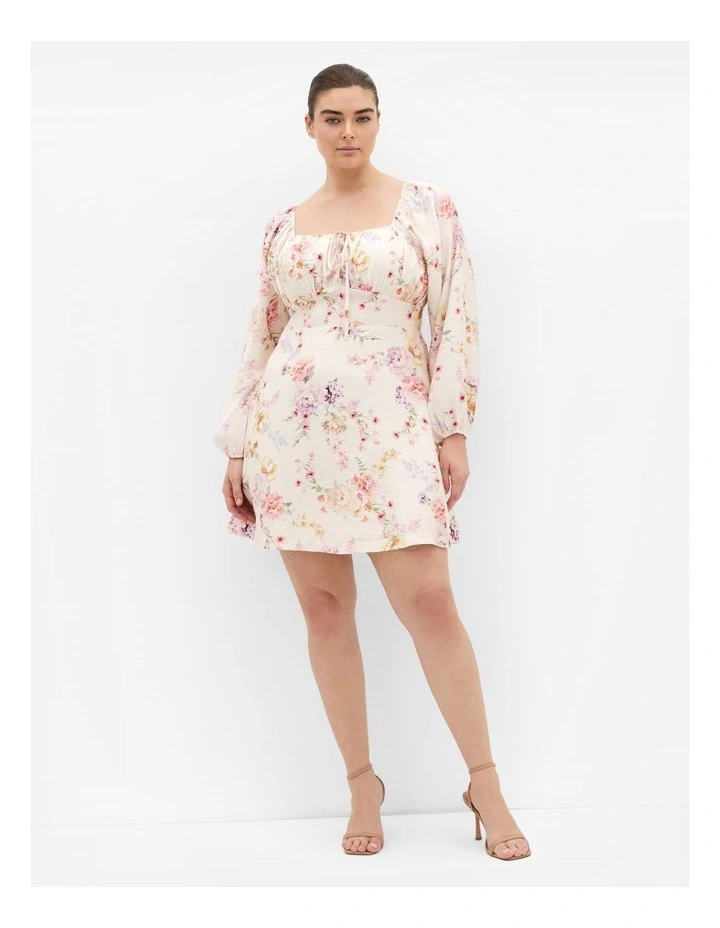 Plus Size Abbie Long Sleeve Print Mini Dress in Ivory image 1