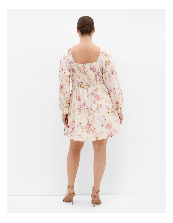 Plus Size Abbie Long Sleeve Print Mini Dress in Ivory image 2