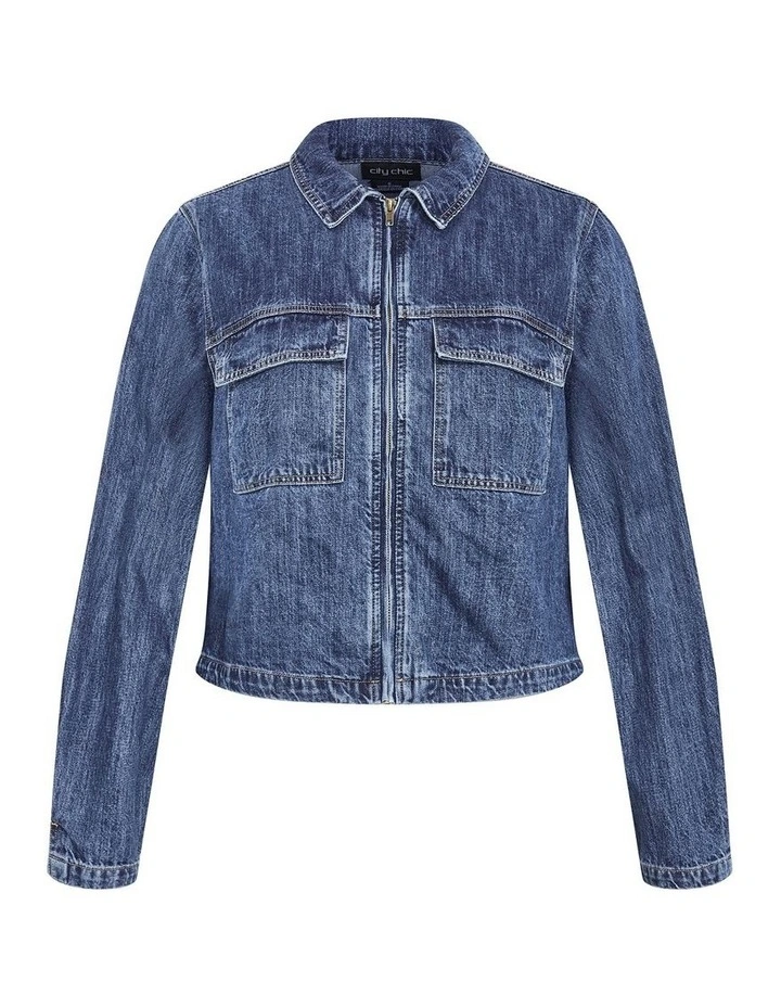 Plus Size Denim Utility Jacket in Mid Wash image 3
