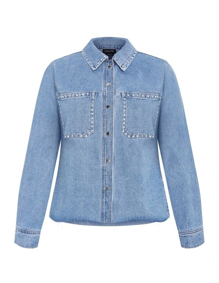 Plus Size Denim Stud Shacket in Light Wash image 3