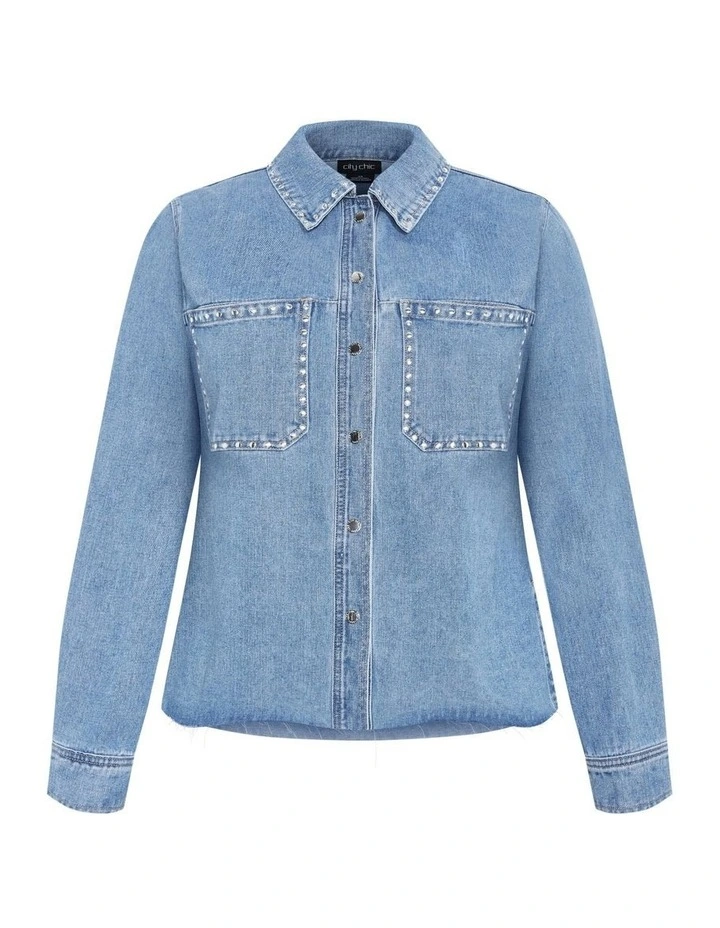 Plus Size Denim Stud Shacket in Light Wash image 5