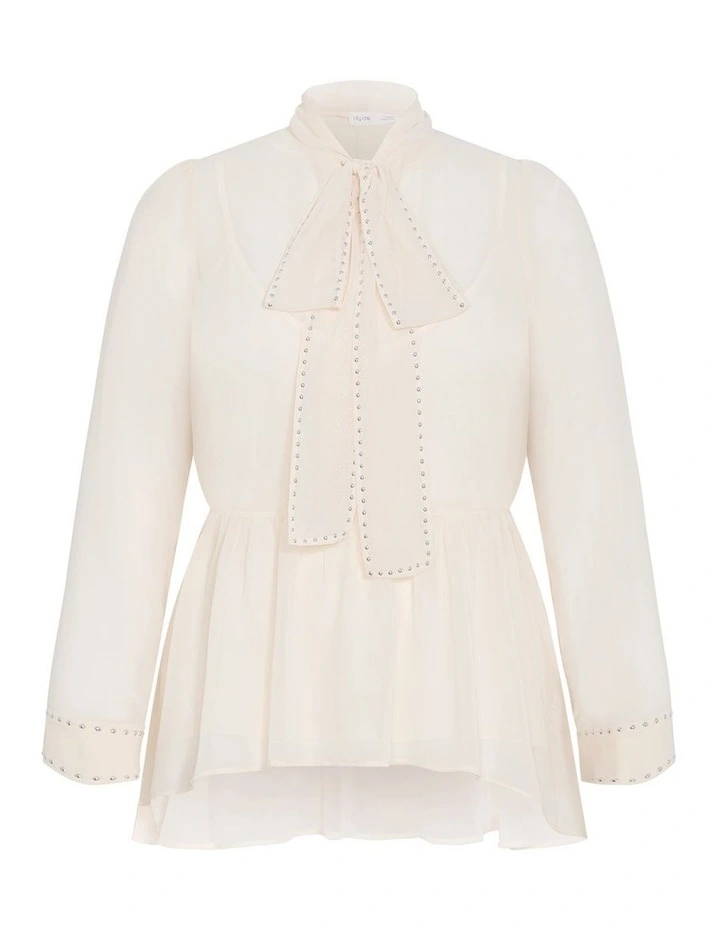 Plus Size Kara Stud Tie Neck Top in Cream image 3