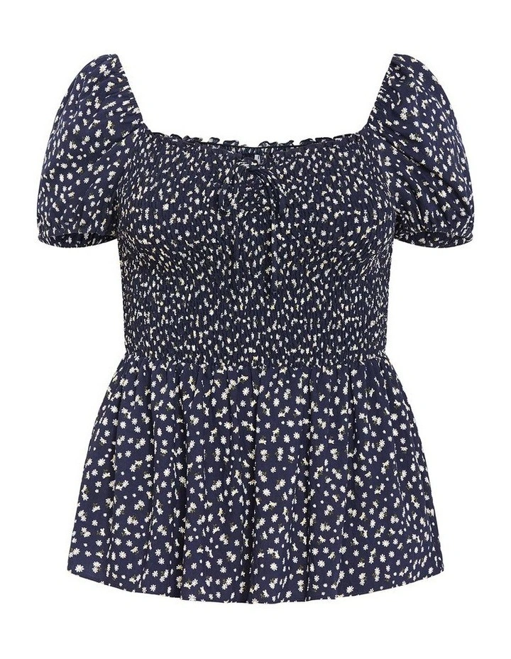 Plus Size Azure Shirred Print Top in Navy image 3
