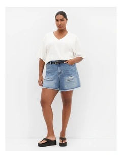 Hannah Rip Denim Short in Mid Wash