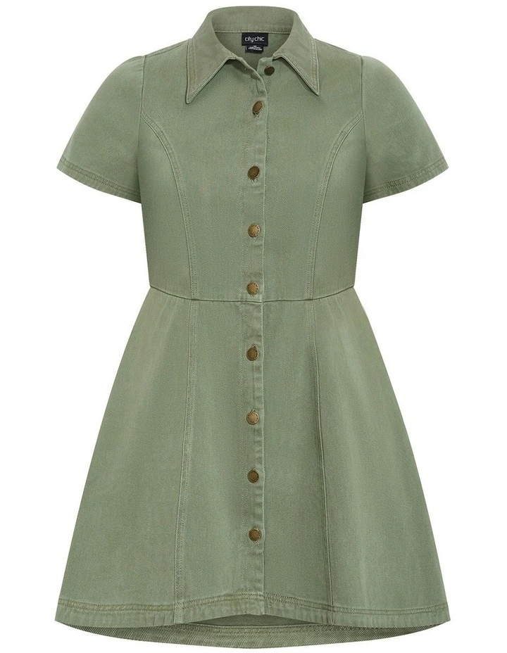 Leia Short Sleeve Drill Mini Dress in Khaki image 3