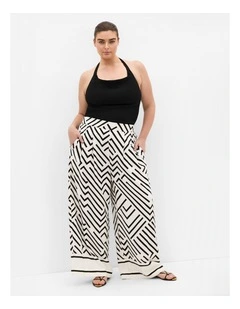 Linear Border Print Wide Leg Pant in White
