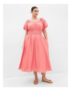 Lilli Puff Sleeve Midi Dress in Coral