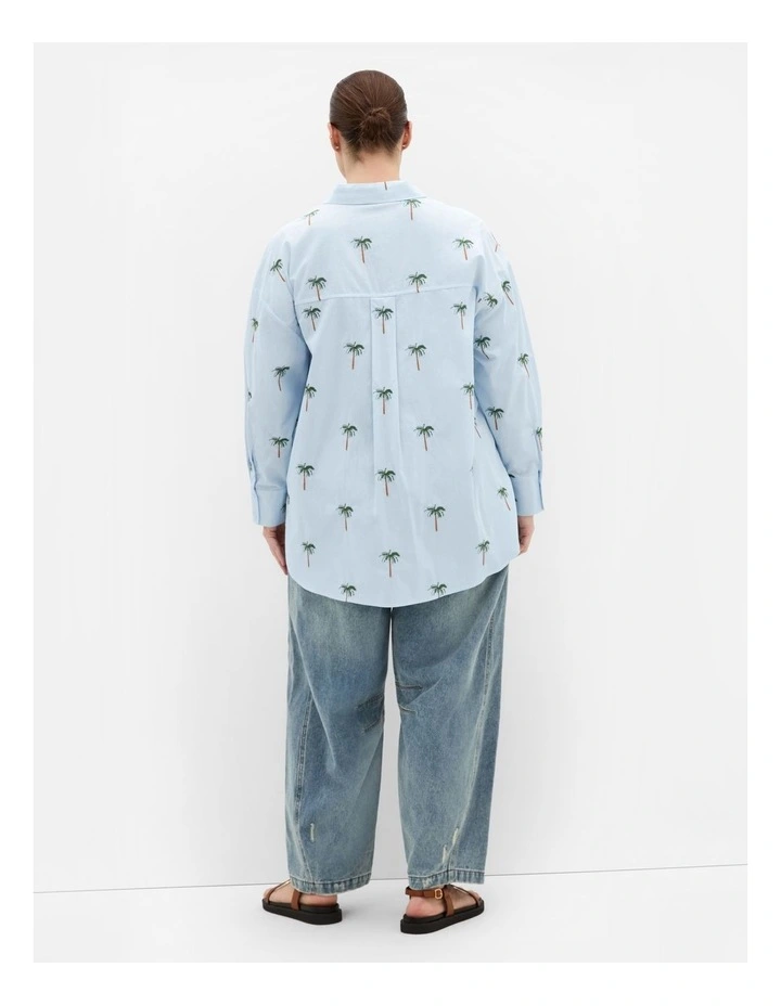 Embroidery Palm Print Cotton Shirt in Sky Blue image 2